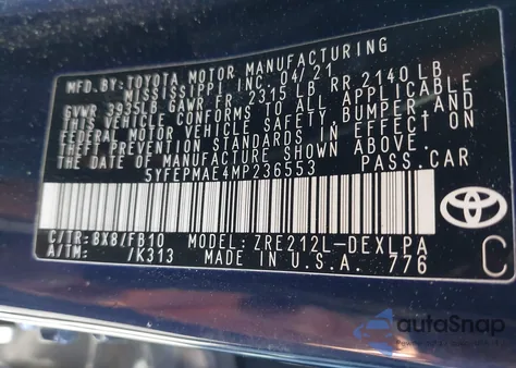 2021 Toyota Corolla Le из США, поврежденный, VIN 5YFEPMAE4MP236553